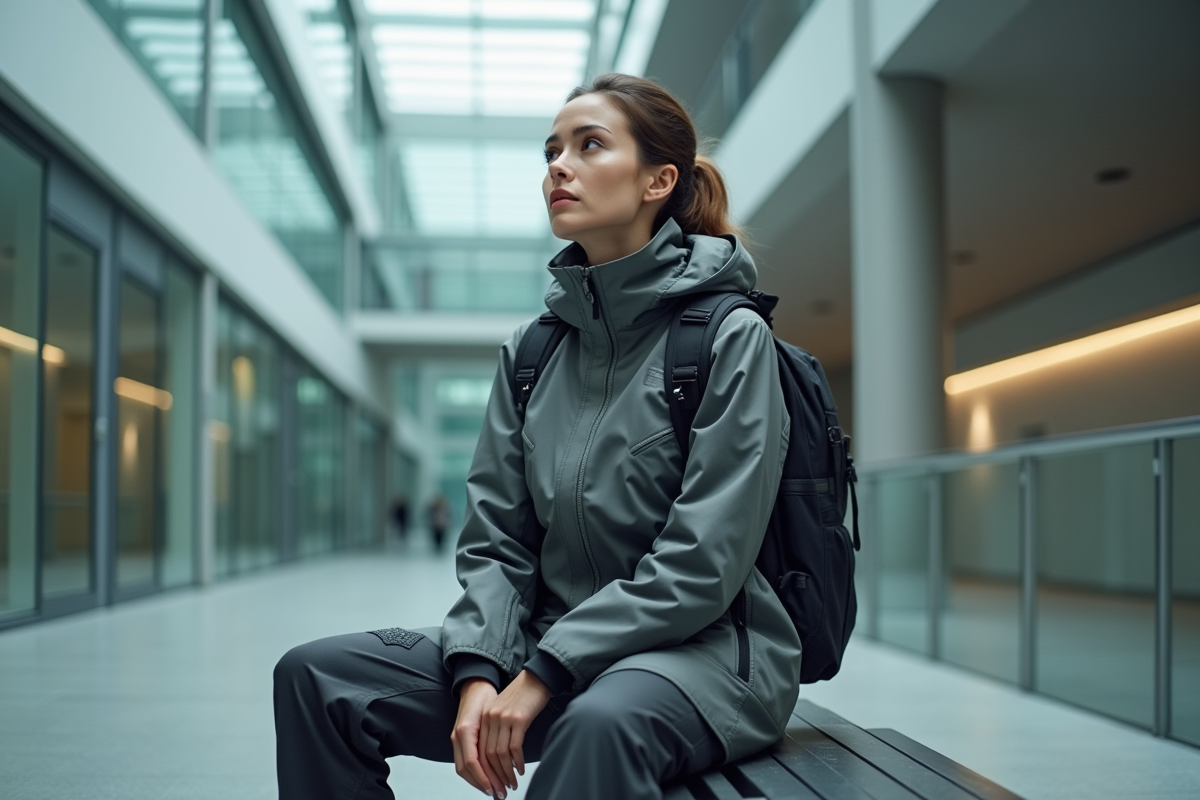 Femme en techwear minimaliste assise dans un glatrium moderne