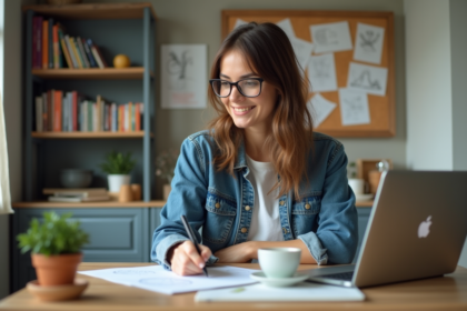 Jeune femme travaillant sur son ordinateur dans la cuisine