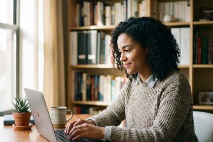 Jeune femme concentrée sur son ordinateur dans un espace de travail moderne