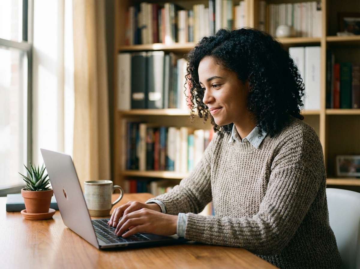 Jeune femme concentrée sur son ordinateur dans un espace de travail moderne