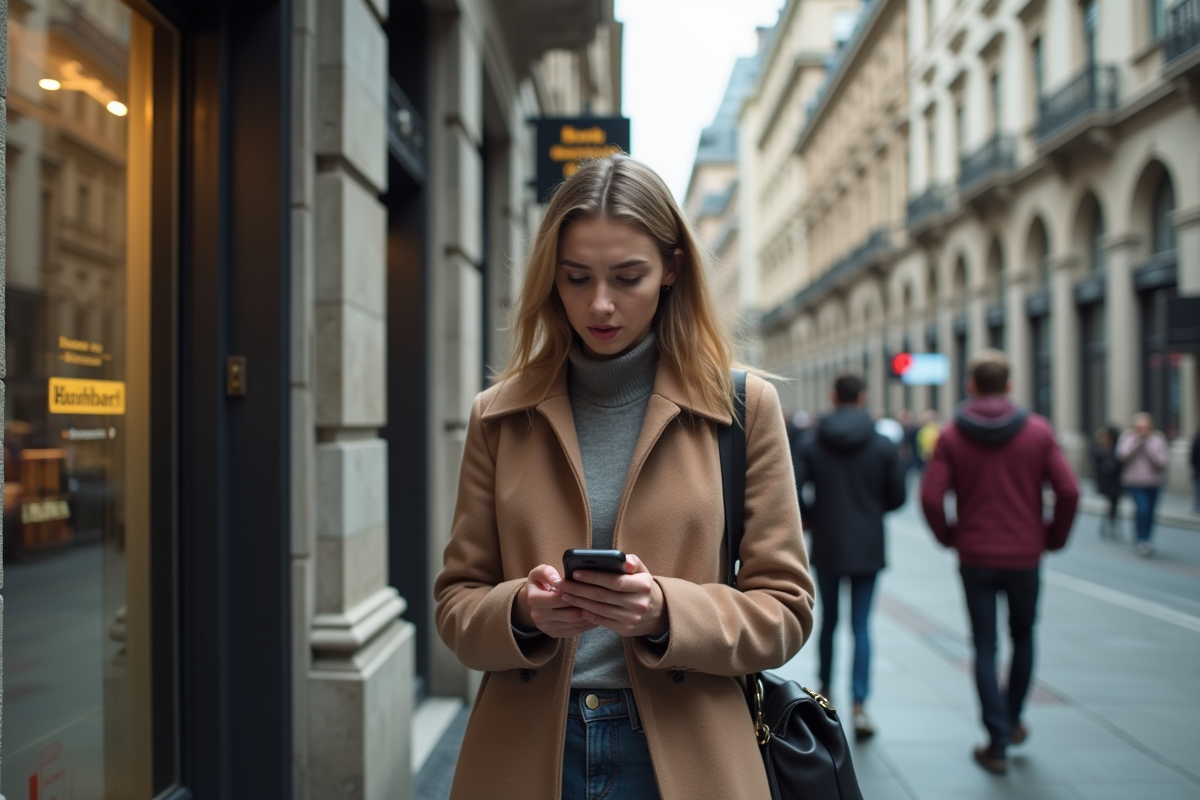 Jeune femme vérifiant son smartphone devant une banque en ville
