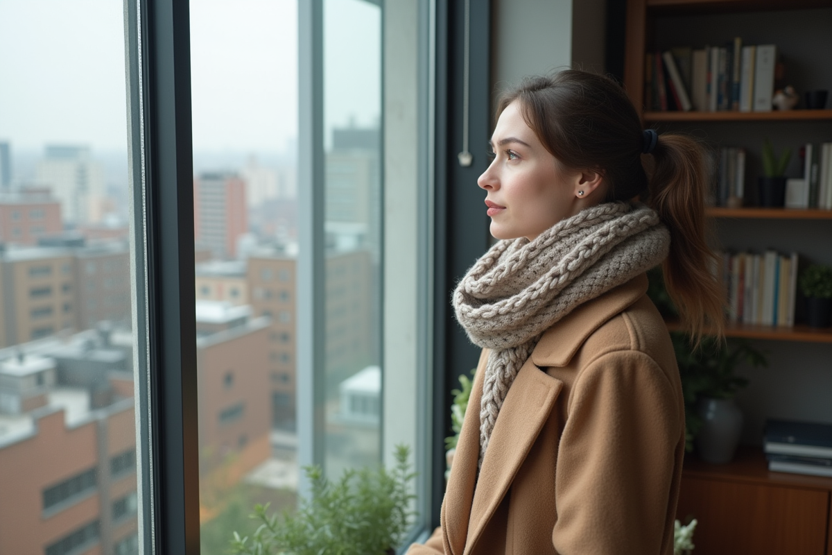 Femme regardant par une grande fenêtre dans un appartement moderne