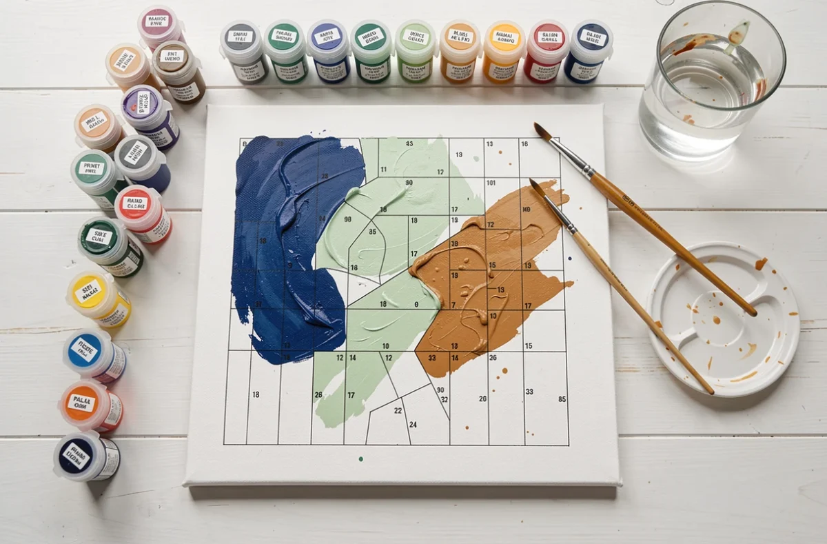 Vue de dessus d'un tableau Paint with Numbers en cours avec pinceaux et pots de peinture organisés sur une surface en bois blanc