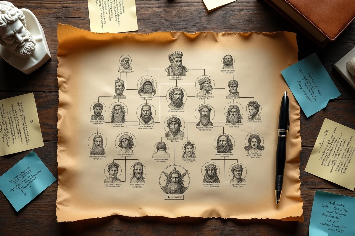 Vue en plongée d'un arbre généalogique manuscrit de Zeus entouré de fiches de révision sur la mythologie grecque