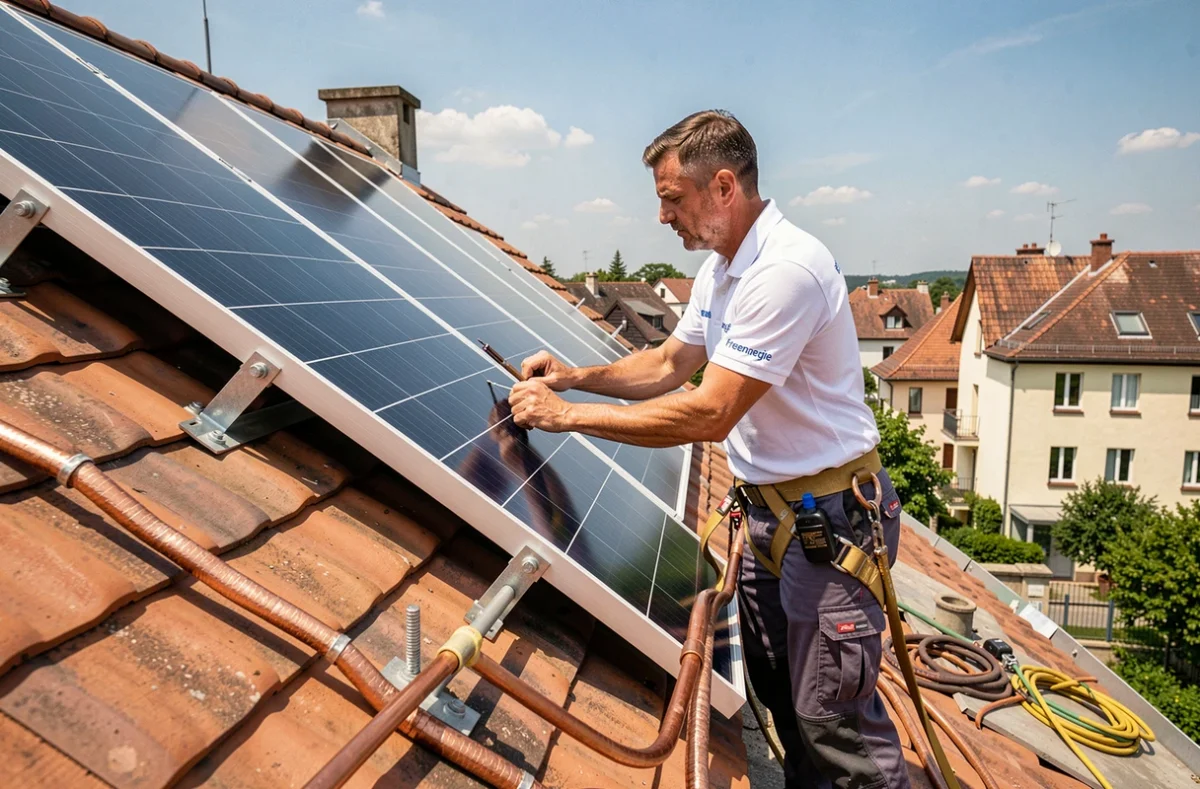 Technicien Freenergie posant des panneaux solaires thermiques sur un toit alsacien à Mulhouse
