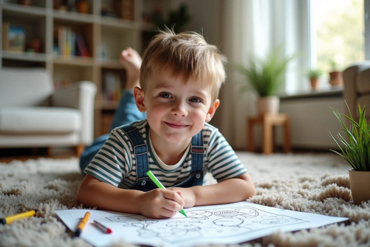 Garçon coloriant une activité champignon dans le salon