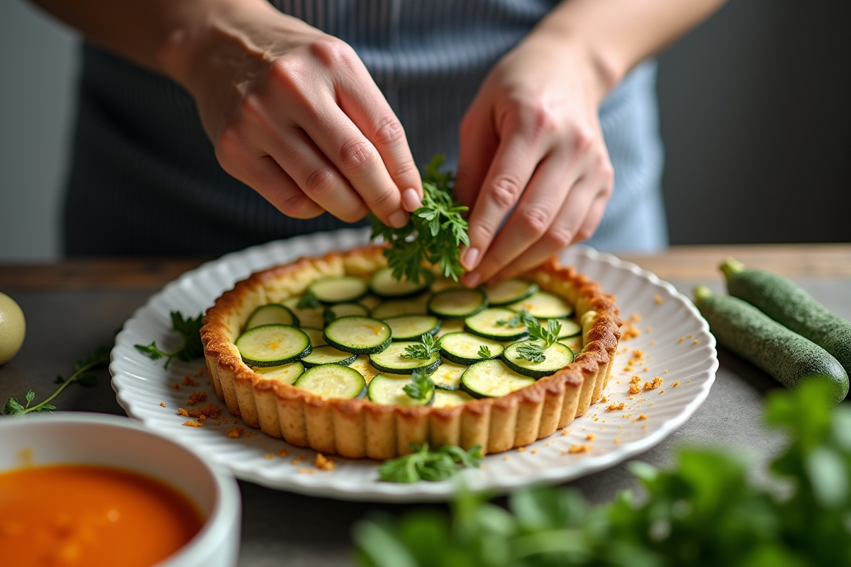Chef garnissant une tarte zucchini avec des herbes fraîches