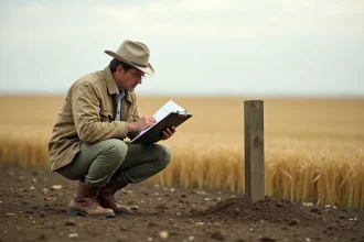 Géomètre sur le terrain mesurant la superficie d'un champ agricole de 10 hectares avec des fiches de calcul