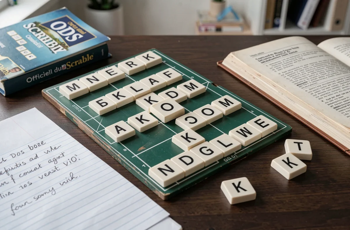 Gros plan sur le mot KO posé sur un plateau de Scrabble avec le règlement officiel ODS ouvert et une note manuscrite sur sa validité