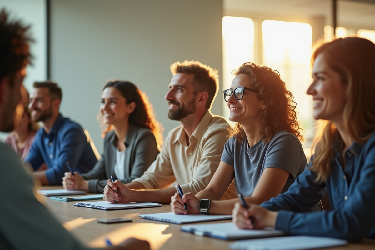 Adultes divers écoutant une formation en salle lumineuse