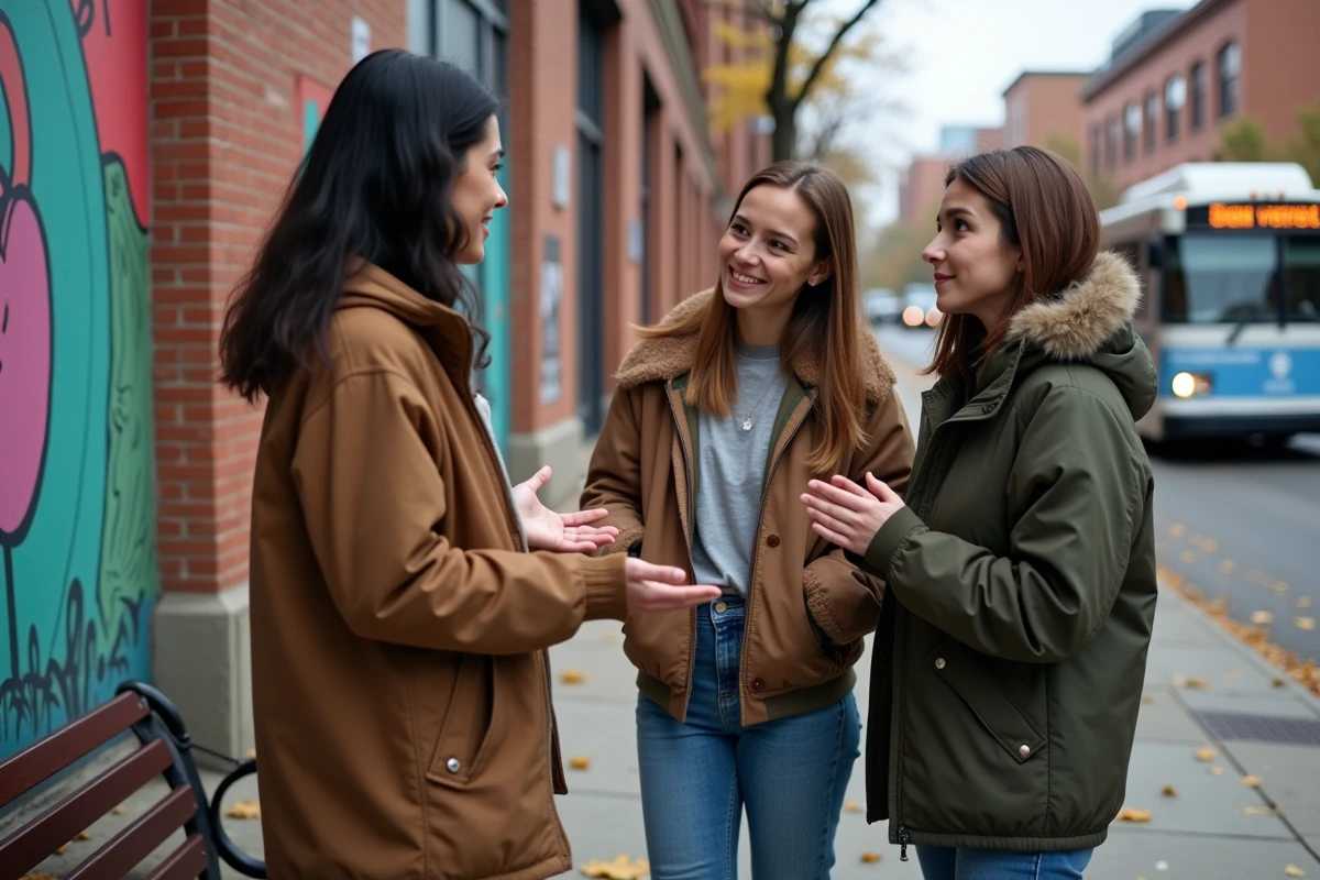 Trois jeunes adultes discutant sur un trottoir en ville avec un mur mural en arrière-plan