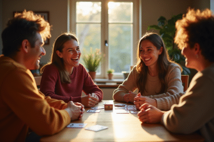Groupe d'amis jouant à SkipBo dans une ambiance chaleureuse