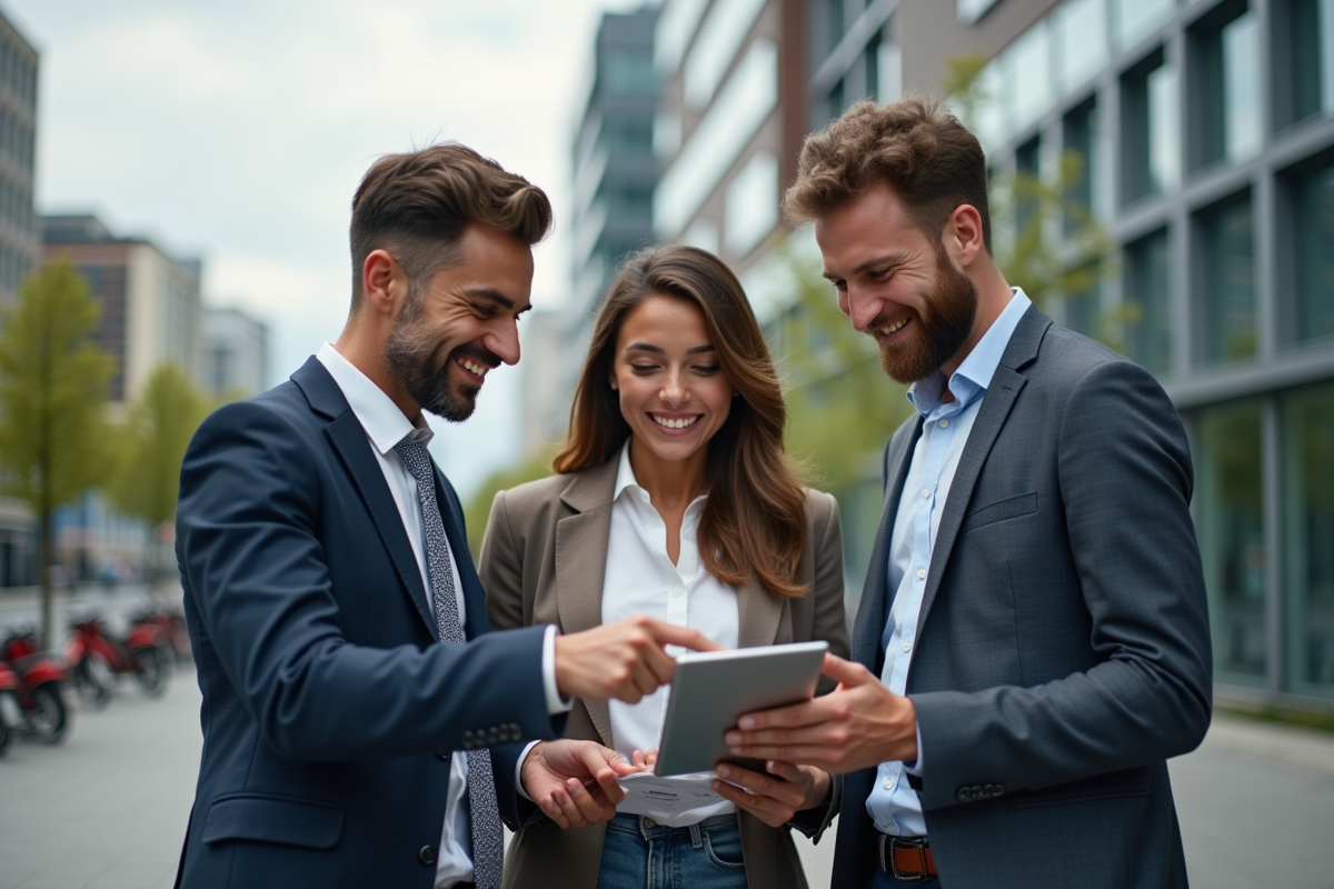 Groupe de jeunes discutant devant un bâtiment moderne