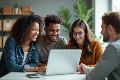 Groupe d'étudiants divers autour d'un ordinateur portable