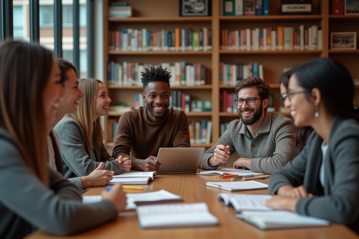 Jeunes adultes discutant en groupe dans une bibliothèque