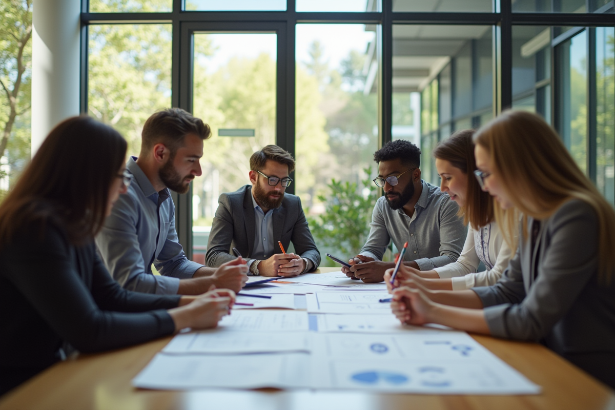 Groupe de professionnels divers travaillant en équipe dans un bureau moderne