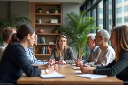 Groupe diversifié en réunion de travail dans un bureau moderne