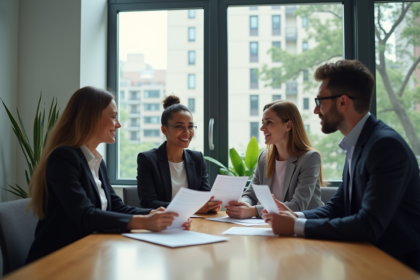 Groupe de quatre adultes divers en réunion de travail