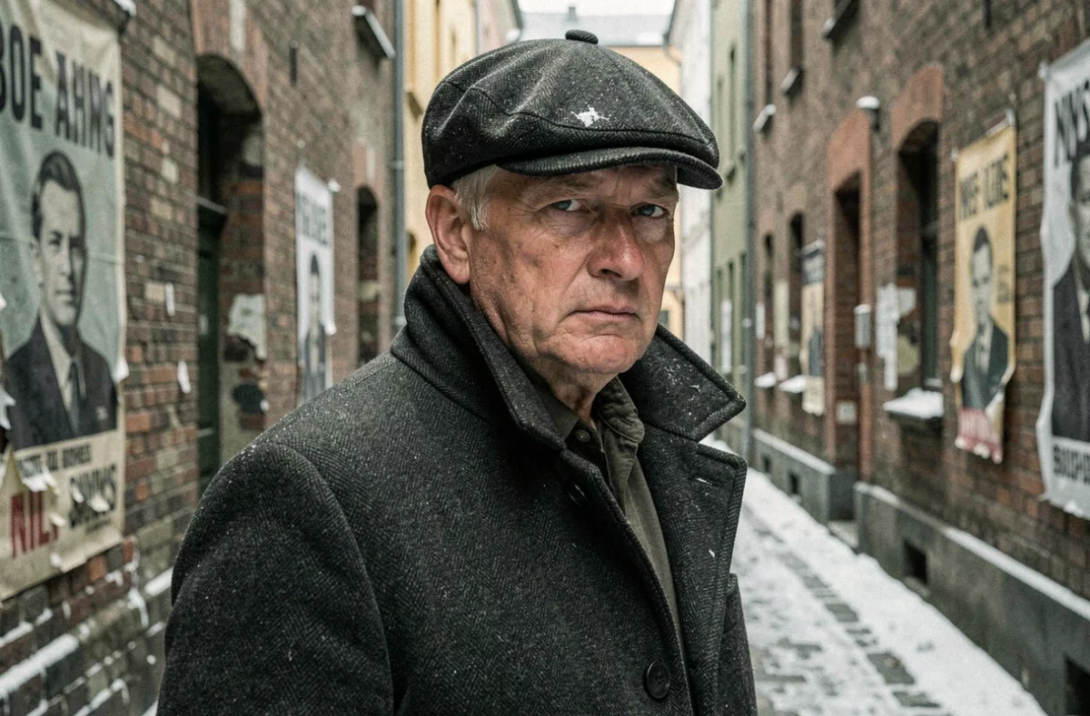 Portrait d'un homme norvégien en manteau de laine sombre dans une ruelle pavée enneigée d'Oslo, atmosphère de résistance de la Seconde Guerre mondiale