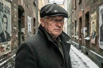 Portrait d'un homme norvégien en manteau de laine sombre dans une ruelle pavée enneigée d'Oslo, atmosphère de résistance de la Seconde Guerre mondiale