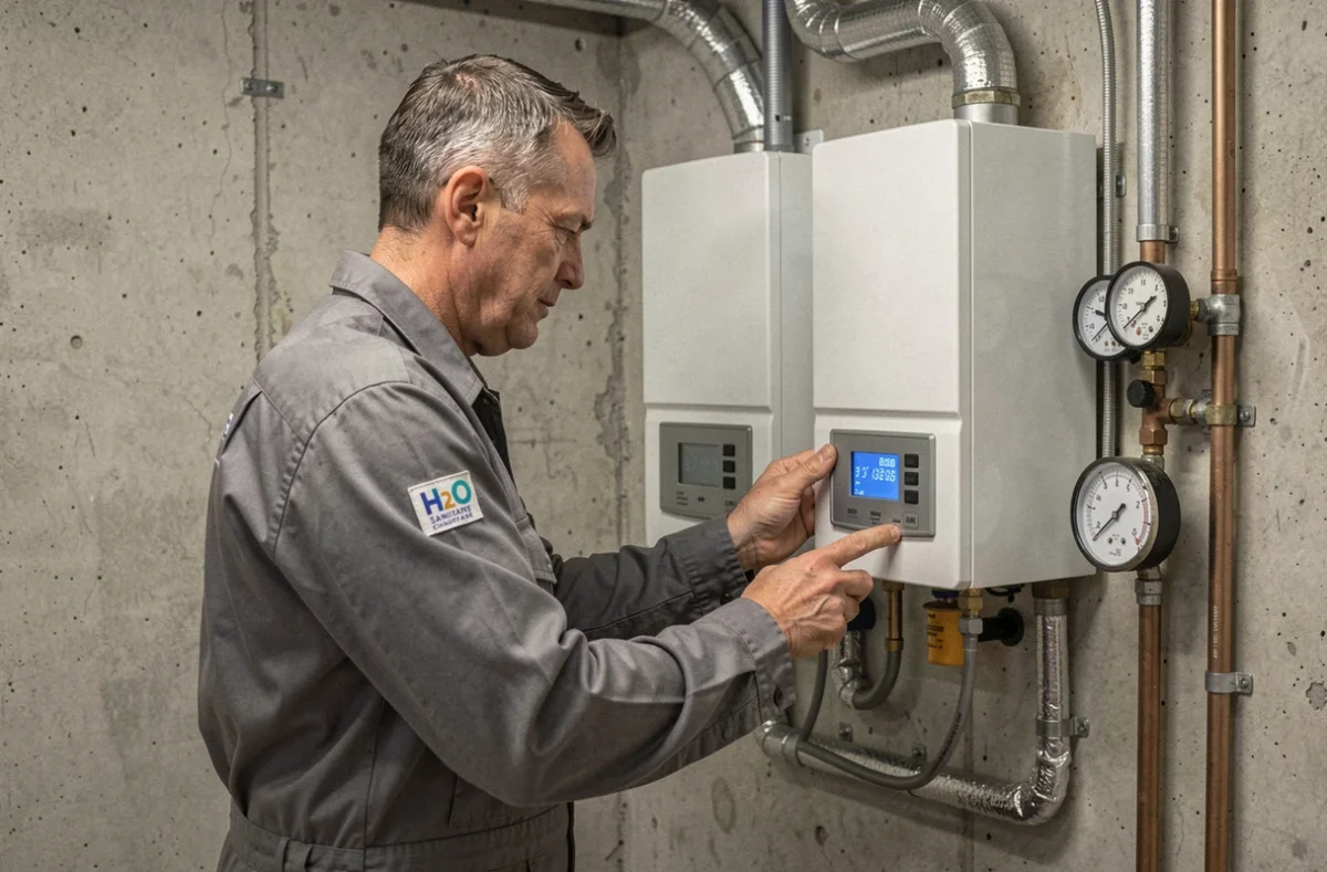 Technicien H2O Sanitaire Chauffage inspectant une chaudière murale dans un local technique à Mulhouse