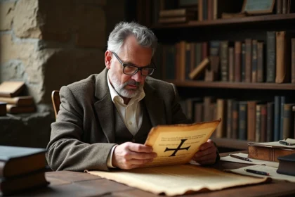 Historien examinant un parchemin ancien avec croix templiere