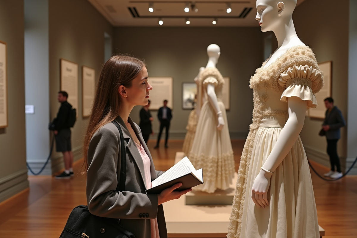 Jeune historienne de la mode analysant une robe ancienne dans une galerie