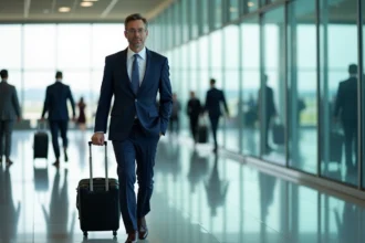 Homme d'affaires en costume dans hall d'aéroport