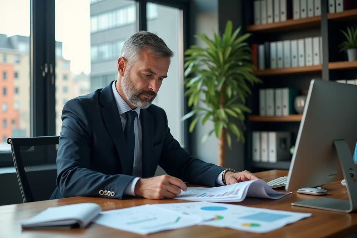 Homme d'affaires examinant des graphiques financiers dans un bureau moderne