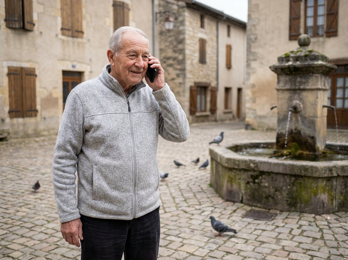 Un homme âgé téléphonant depuis une place de village française avec un forfait mobile senior Doro Connect
