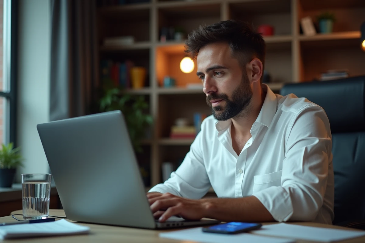Homme au bureau recherchant un numéro de téléphone 06 inconnu sur un annuaire inversé gratuit en ligne
