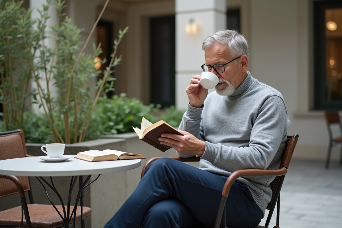 Homme lisant un livre dans un café en plein air