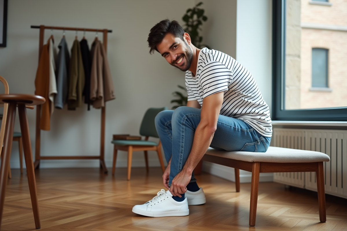 Homme assis en train de lacer ses sneakers blancs