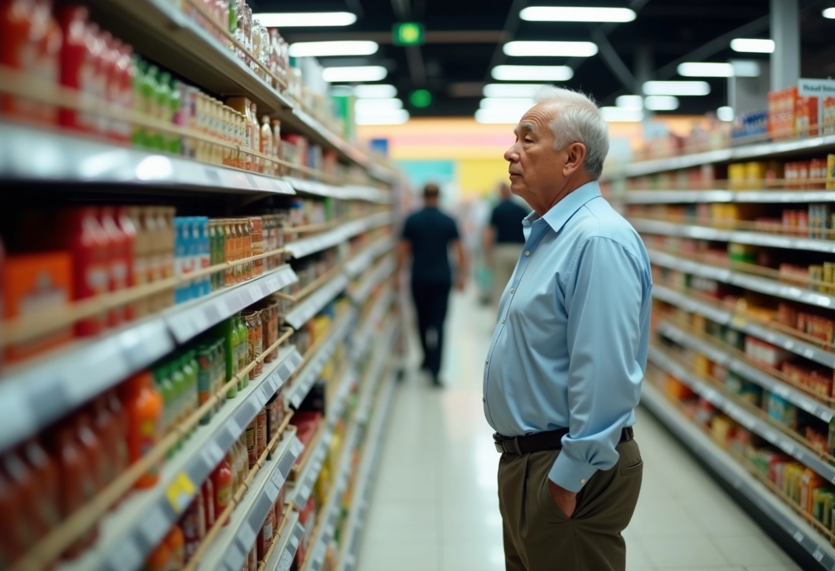 Homme âgé comparant les prix en épicerie