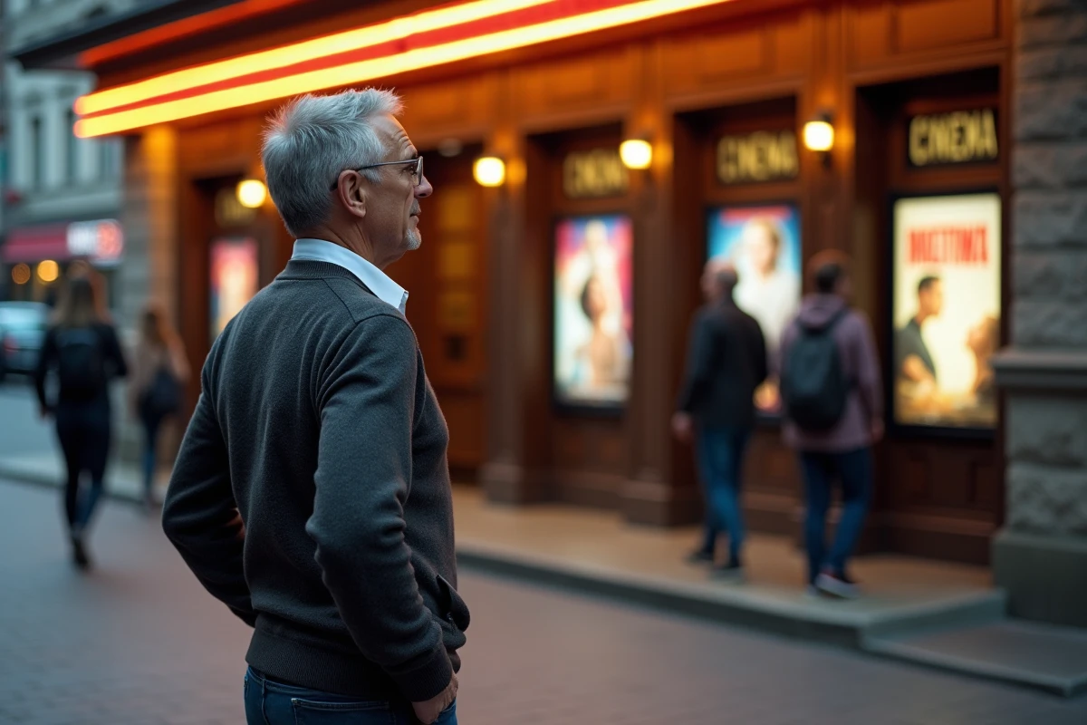 Homme observant affiches de cinema devant une salle