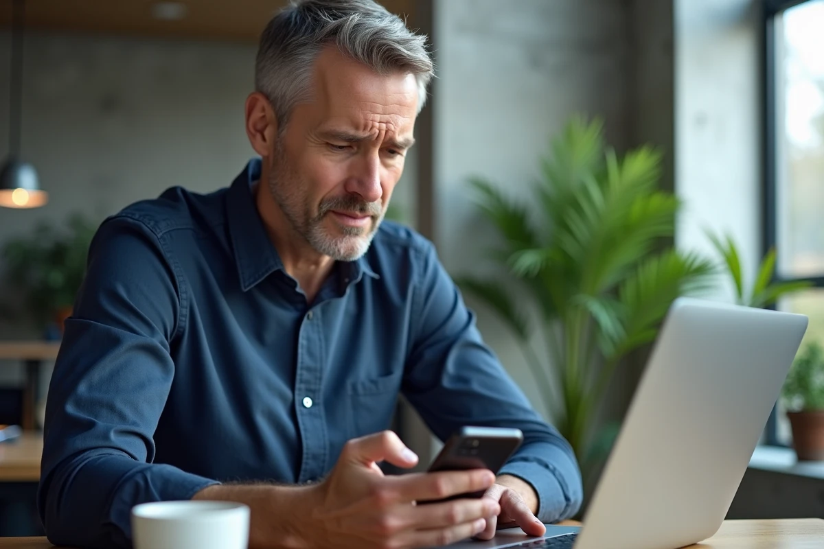 Homme utilisant son smartphone pour trouver une alternative au formulaire de contact du Bon Coin
