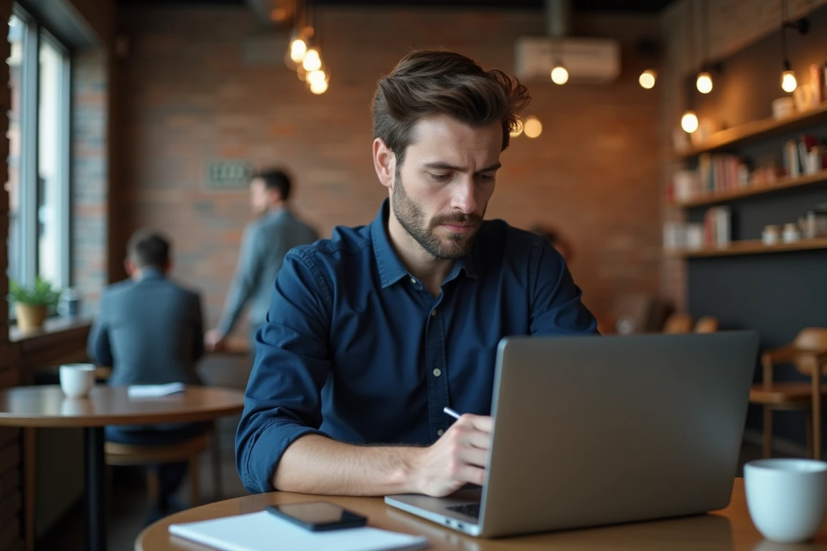 Homme utilisant son smartphone et un ordinateur portable pour envoyer des SMS gratuits et anonymes dans un café