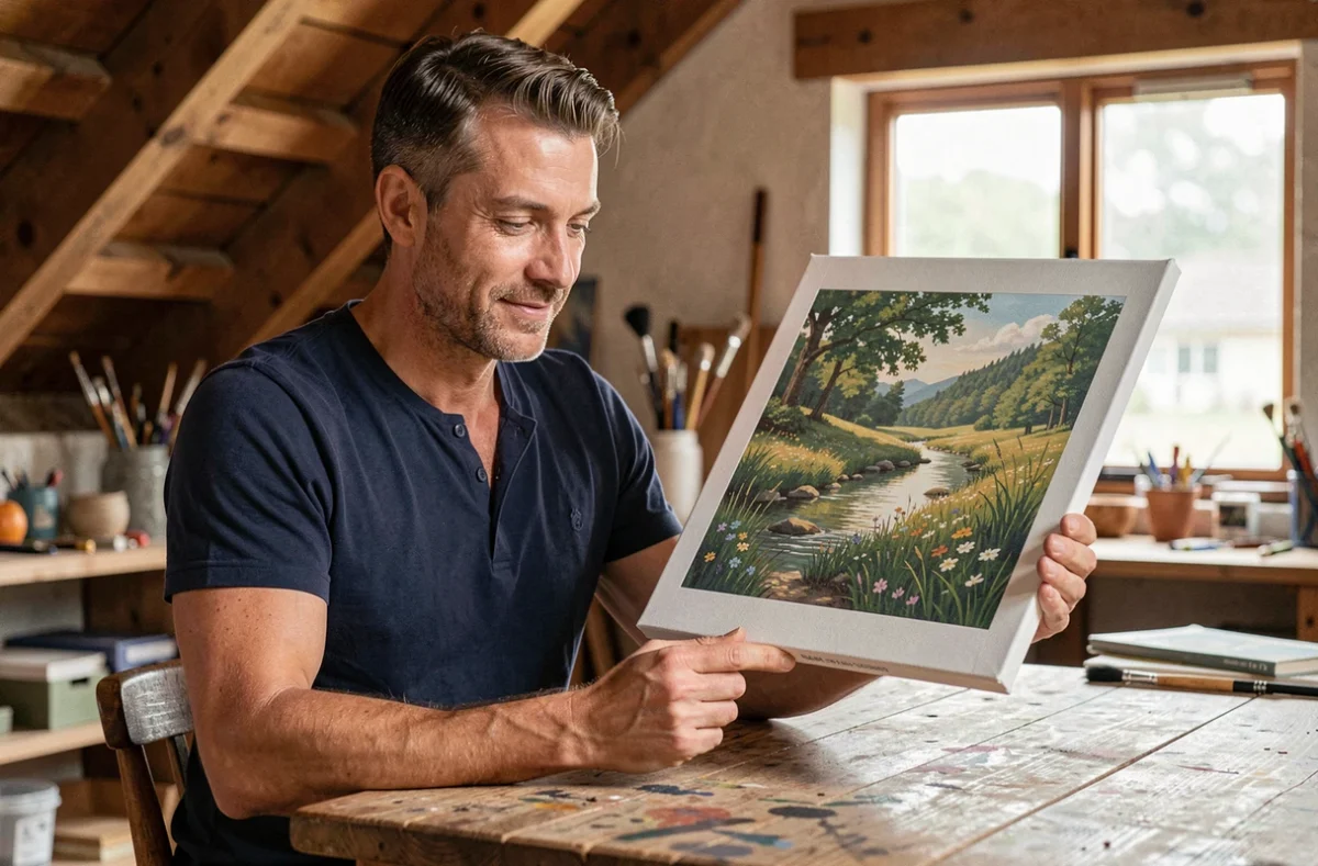 Homme admirant son tableau Paint with Numbers terminé représentant un paysage dans un atelier rustique en bois