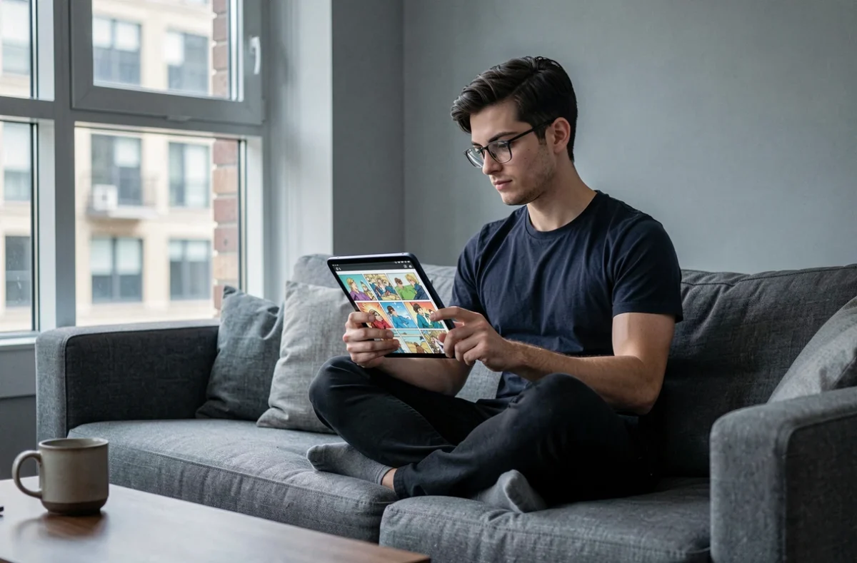 Jeune homme avec des lunettes lisant un scan de webtoon sur une tablette dans un salon moderne et minimaliste
