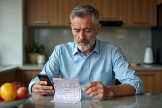 Homme d'âge moyen vérifiant son ticket Keno sur smartphone dans la cuisine