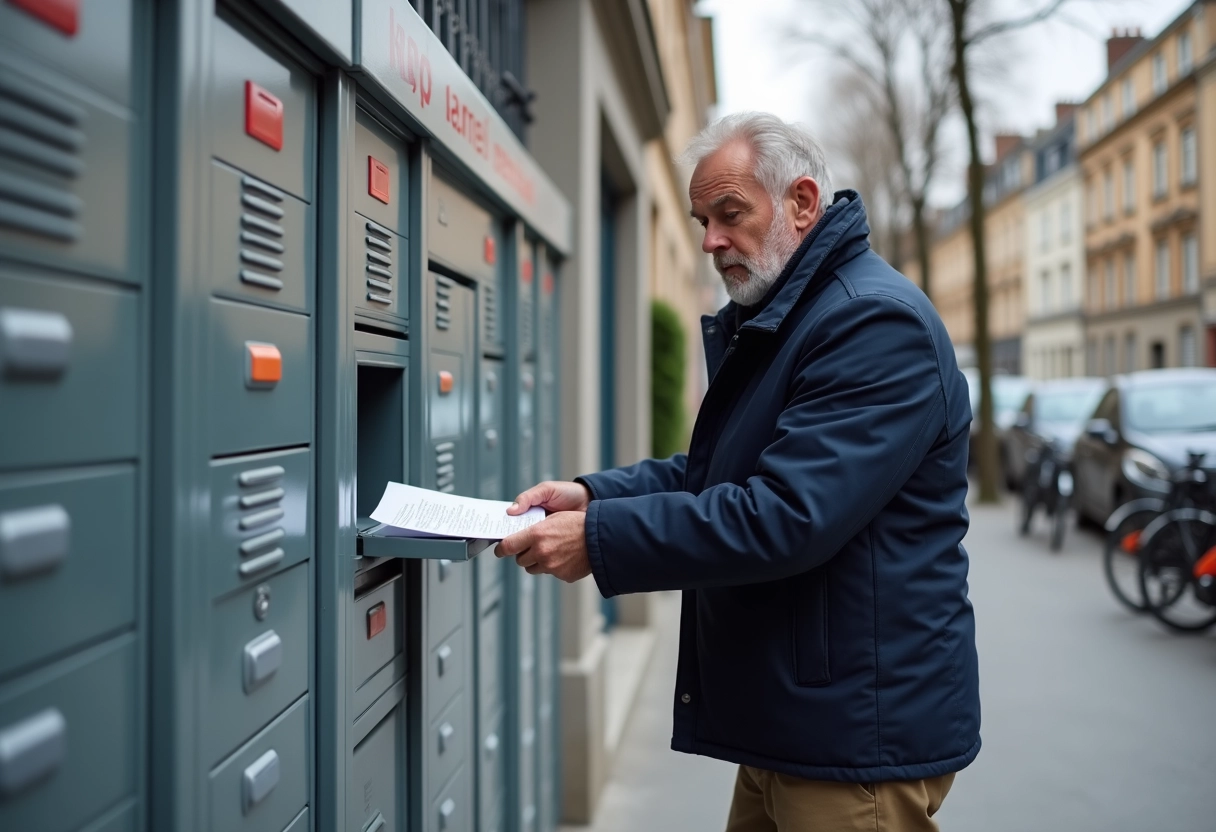 Homme vérifiant un casier à colis dans un quartier résidentiel