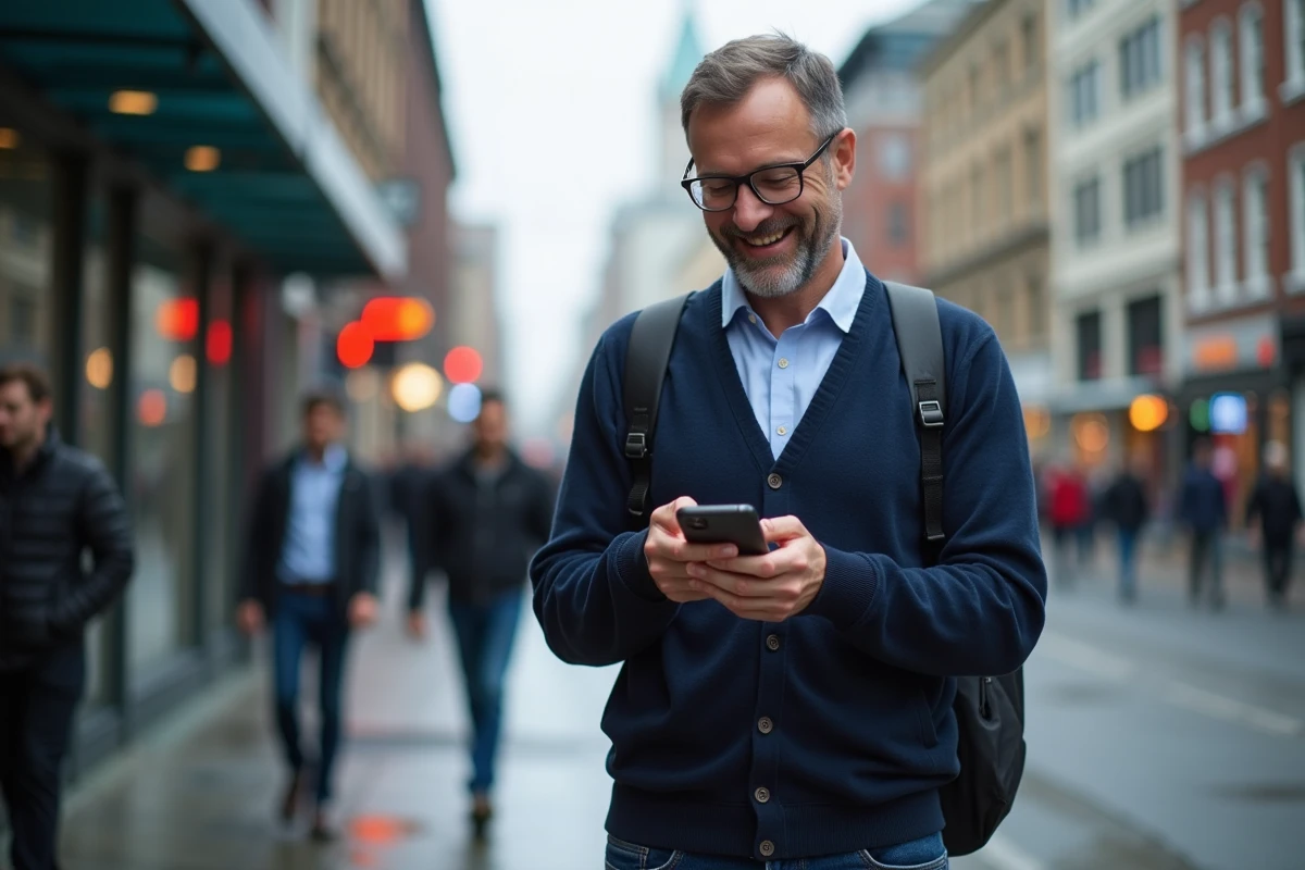 Homme dans la ville lisant une citation motivante sur son téléphone