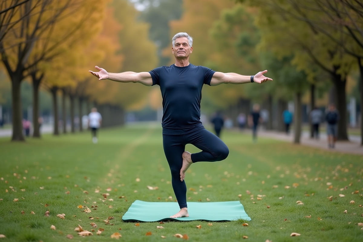 Homme en posture de yoga dans un parc en ville