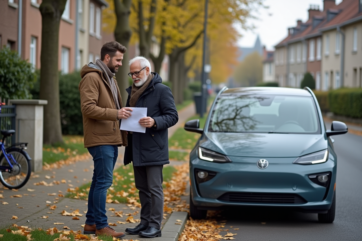 Deux hommes discutent près d une voiture électrique