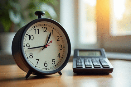 Horloge ronde et calculatrice sur bureau en bois