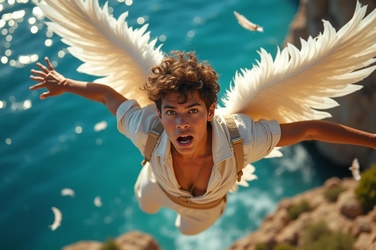 Icare en chute libre au-dessus de la mer Égée, ailes de plumes se désintégrant, symbole d'une démesure impulsive sans projet