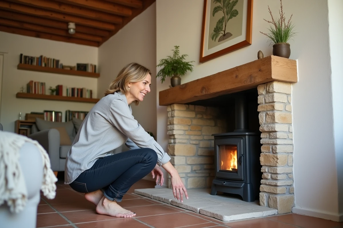 Femme examinant un insert de cheminée nouvellement installé dans un séjour de style maison de campagne française