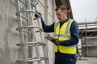 Technicien en maintenance inspectant une échelle crinoline fixée à un bâtiment industriel, vérifiant les barreaux et le garde-corps de sécurité