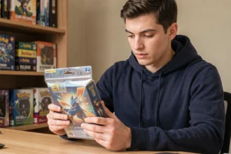 Jeune homme inspectant soigneusement un ETB Aventure Ensemble Pokémon à son bureau, vérifiant l'authenticité du scellé et de l'emballage avant achat en ligne