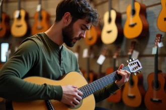 Un homme inspectant le manche d'une guitare acoustique dans un magasin de musique avant son premier achat